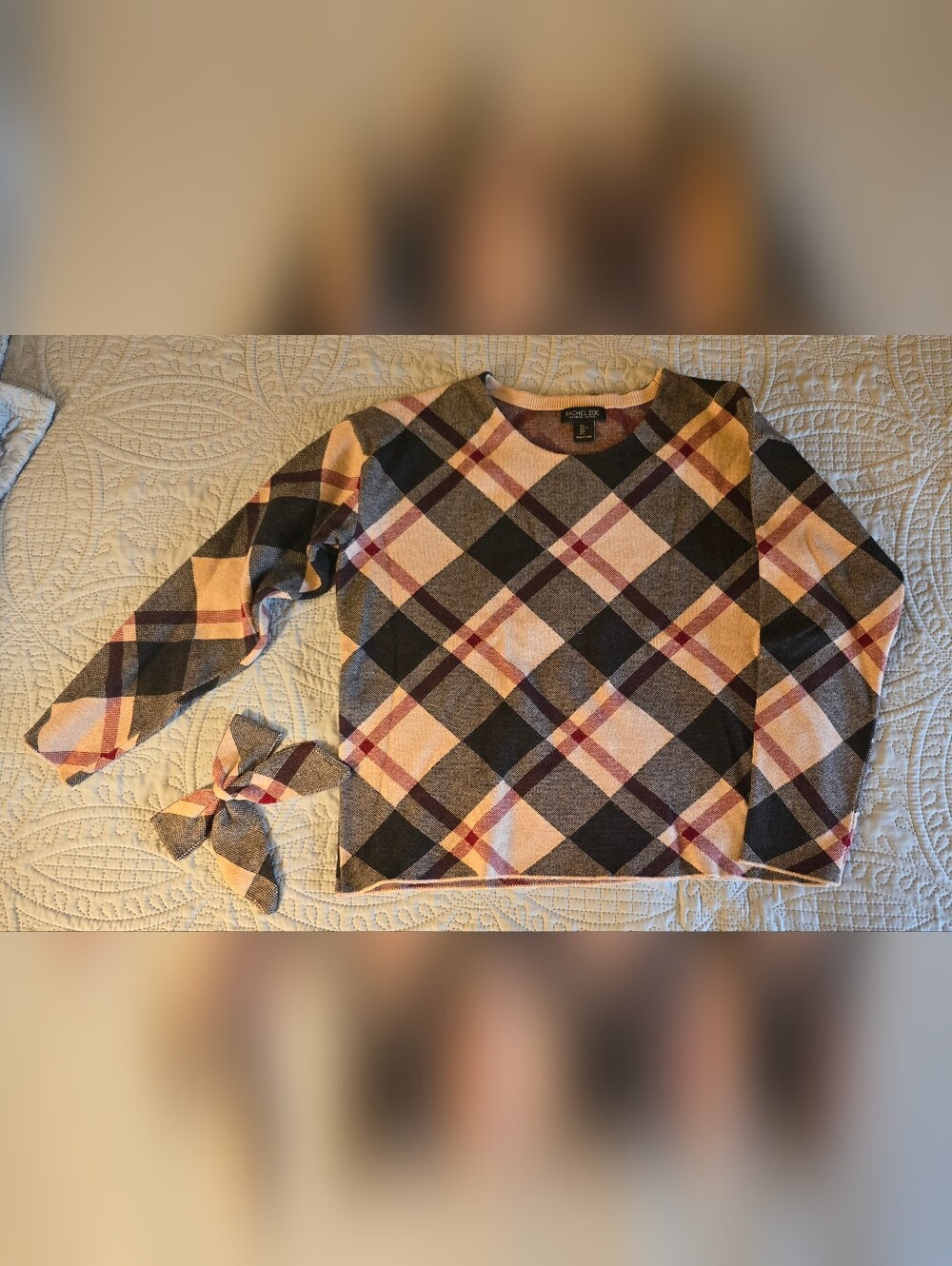 Rachel Zoe V-Neck Plaid Sweater in Black, White, and Red With Matching Hair Bow